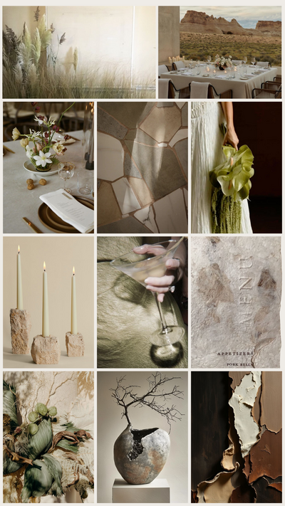 Earthy and Elevated wedding mood board featuring natural textures, neutral palettes, wood and stone accents, and refined organic design.
