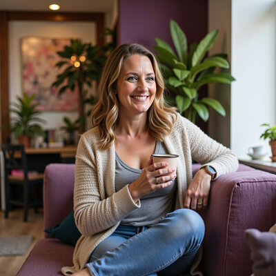 Wedding industry coach sitting on purple sofa in a cozy office environment, drinking coffee.