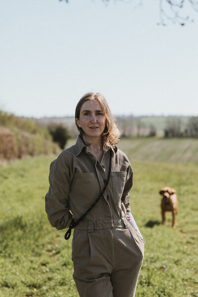 Business coach with her dog on a walk for work-life-balance in Oxfordshire