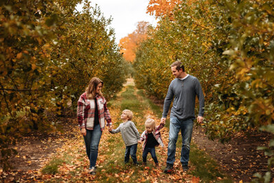 Family walking and holding hands in a michigan orchard during fall