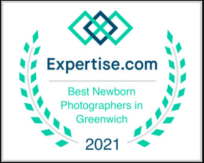 Green and blue graphic from Expertise.com that says "best newborn photographers in Greenwich" 2021
