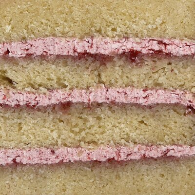 Close up of the cake and filling in our strawberry champagne cake