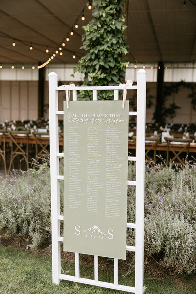 Calligraphy wedding seating chart in an olive green shade hanging from a trellis outside a white wedding tent at an orchard