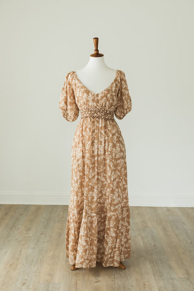 Freepeople dress with short puff sleeves in light brown with cream floral pattern