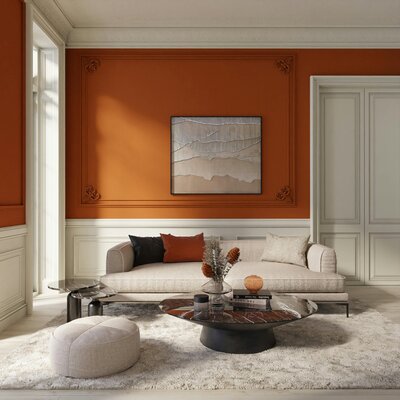 Indoor living room with orange walls