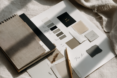 Flatlay of a brand designer’s workspace with neutral color swatches, fabric samples, and a notebook, representing the Mini Branding service by Kathalyst Design Studio.