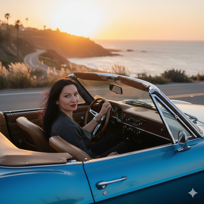 A editorial image of a woman driving a car