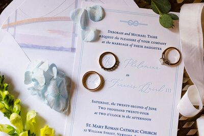 Semi custom wedding Invitation featuring bridge and lighthouse