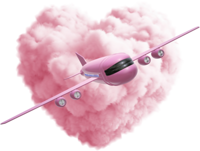 Pink cloud shaped like a heart with a pink airplane flying over top of it.