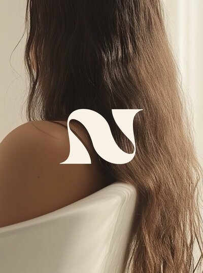 back of woman in bathtub with Nolani logo mark overlay