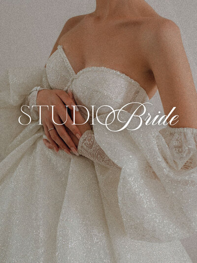 Photo of a woman in a bridal gown with a white logo over image that reads, "Studio Bride".