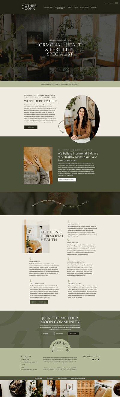 Showit Website Design for Mother Moon Acupuncture for Fertility and Womens Health Website Example