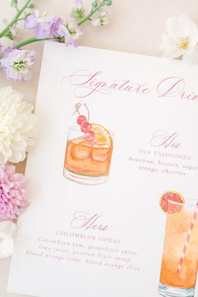 Watercolor Old Fashioned and watercolor Colombian Coral. Wedding day cocktail sign, signature drink sign