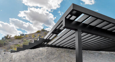 Stock photo of a TimberTech aluminum deck frame without any decking or railing. 