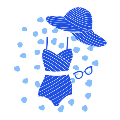 riviera, blue swimsuit, swimsuit illustration, beach hat, sun hat, striped swimsuit, swimsuit illustration, beach