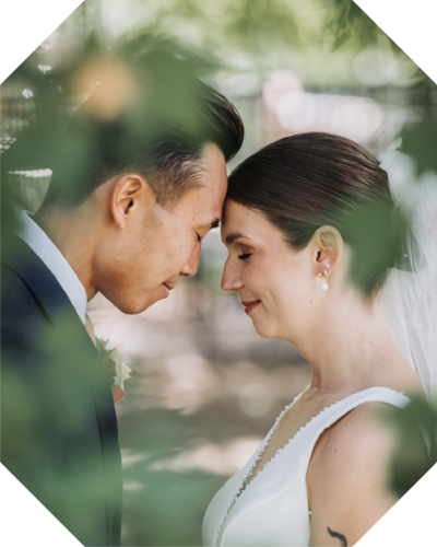 Bride and groom with foreheads touching, eyes closed - professional photo edit