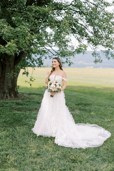 Bride stands in field by mountains in PA
