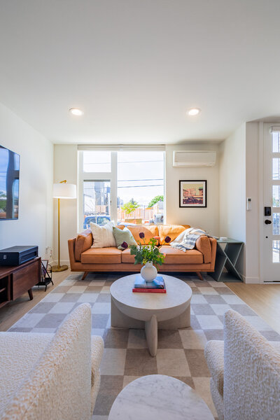 Lounge room with checkered rug