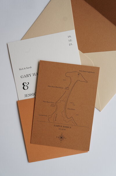 Elegant custom map and wedding invitation with terracotta browns and white and buttermilk colours