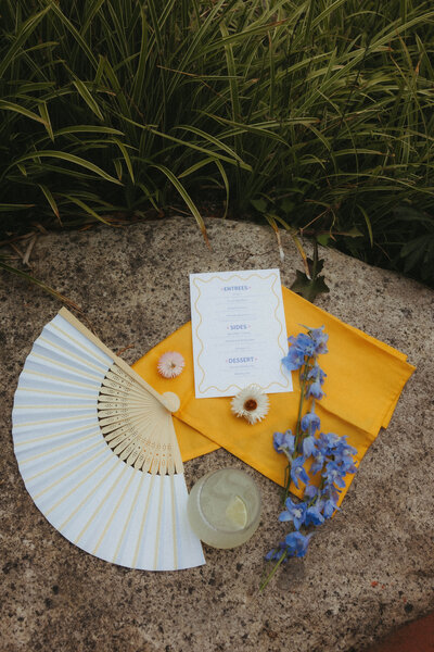 Colorful wedding details flat lay