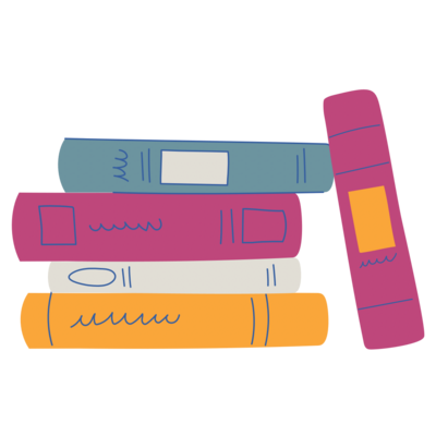 Illustration of four books stacked on top of each other with one book leaning against stack