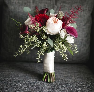 burgundy and blush bridal bouquet with seeded eucalyptus