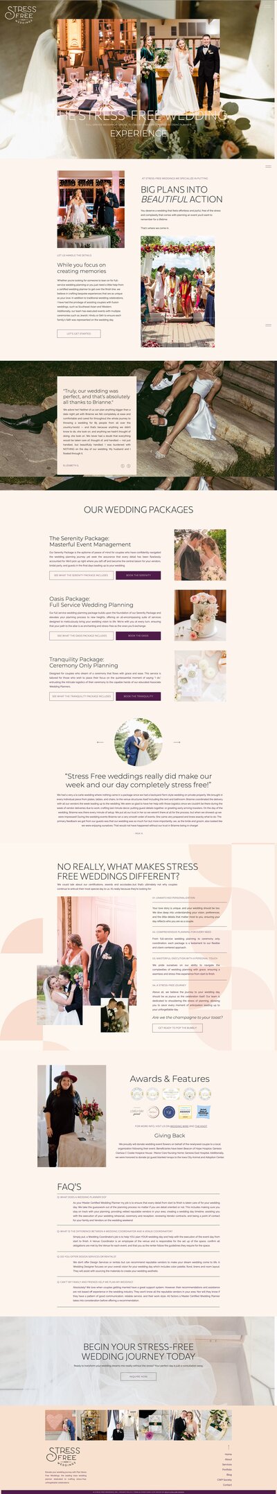 A Showit template customization for a wedding planner website about page featuring biographical information, awards, portfolio images, and testimonials emphasizing a stress-free wedding photography experience, all enhanced through expert showit web design for a visually appealing and easy-to-navigate site.