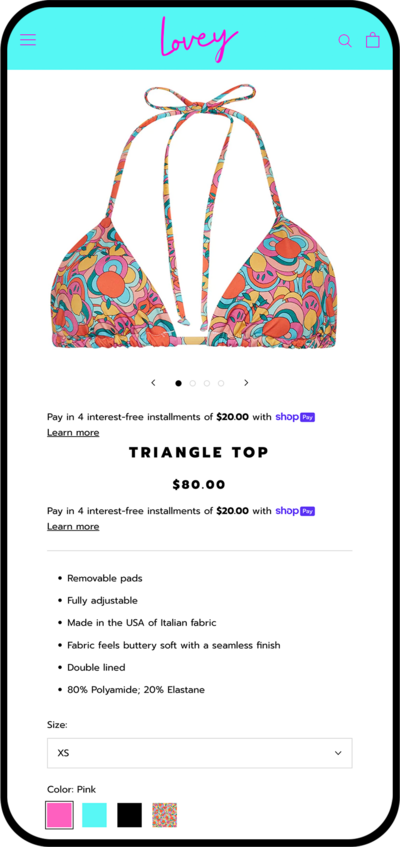 Lovey Bikini Mobile Triangle Top page  mocked up on iPhone