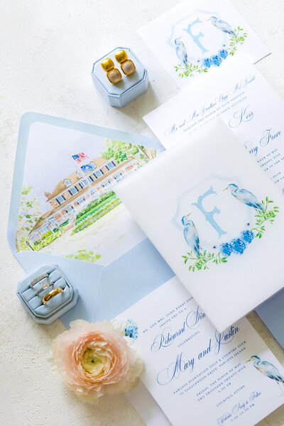 blue and green wedding stationery with a coastal vibe