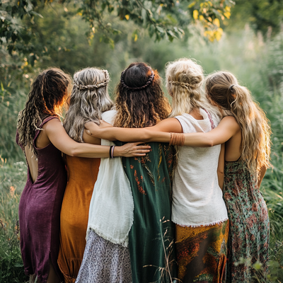 Five women linking arms with their back facing the photographer