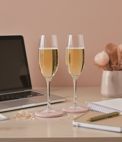 Two pink champagne glasses on desk in front of laptop.