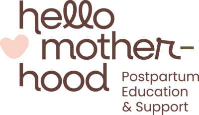 Simple heart icon with the words "Hello Motherhood" in a playful script font and "Postpartum Education & Support" in a simple sans serif font
