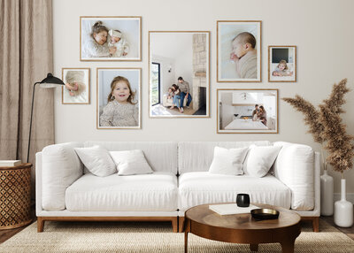 Framed neutral colored family portrait displayed in a modern white living room, showing a printed artwork option by Suzanne Karp from Little Palm Studio in San Francisco California.