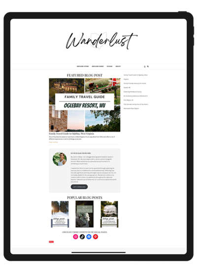 Website design for Wonderlust In Ohio, a travel blog showcasing adventures and tips for wanderlust enthusiasts.
