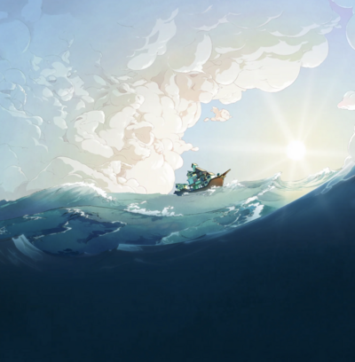 Scene from Spiritfarer showing a boat on the ocean with a glowing sky, representing a journey of farewells and care.