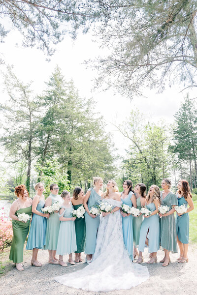 Wedding Photographer Atlanta Georgia | Bridal Party In Pale Blue And Green With Bride In Floral Blue Wedding Dress