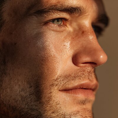 close-up of white man's glowing face after serum, soft skin texture, natural backlight, warm tone