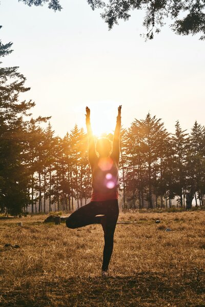Persona che fa yoga al tramonto in un bosco