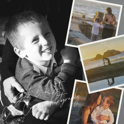 Collage of a mother and her son enjoying the sunset overlooking the ocean