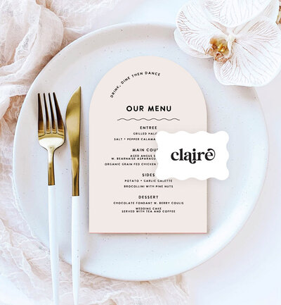 Arch menu and wave place card in big love design, neutral colours