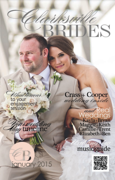 magazine cover of the 2015 edition of Clarksville Brides with a groom holding white flowers while bride sits next to him leaning on him while they both smile