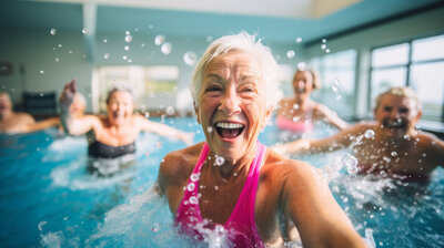 Older woman smiling while in a water aerobics glass in Utah