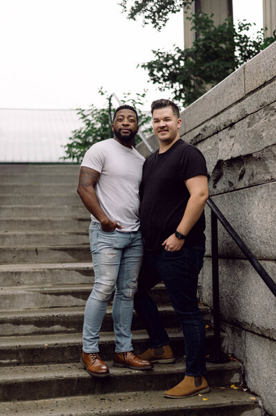 Micah and Dough sharing a candid moment during their engagement session in Richmond, Virginia.