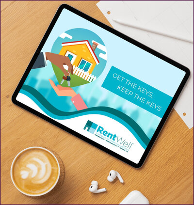 Branded social media graphic for RentWell shown in digital mockup, by Saara from Helia Studios