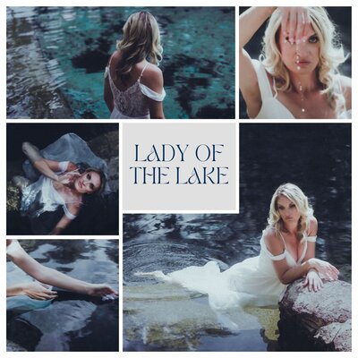 Collage of a woman in a flowing white dress immersed in crystal-clear spring water, evoking an ethereal, mythic "Lady of the Lake" aesthetic. Images show her floating, kneeling by rocks, and delicately holding pearls, with dreamy, romantic tones.