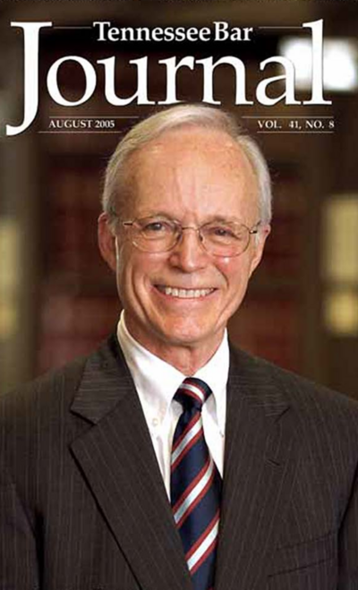 Cover of the August 2005 issue of the Tennessee Bar Journal featuring a smiling senior man in a dark pinstripe suit, striped tie, and glasses, posing in a professional setting.