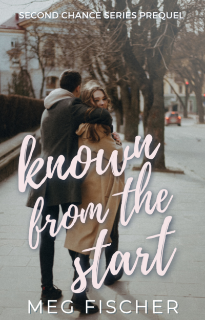 Book cover concept for Known from the Start features a young couple walking away from the camera on a street. We cannot see his face, and her face is only partially visible.