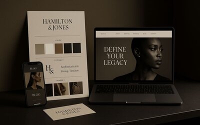 Laptop and printed brand materials with the phrase "Define Your Legacy" beside a black-and-white portrait.