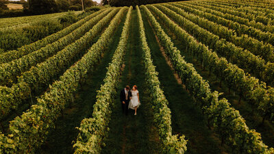 Bride and Groom walking through lush vineyard