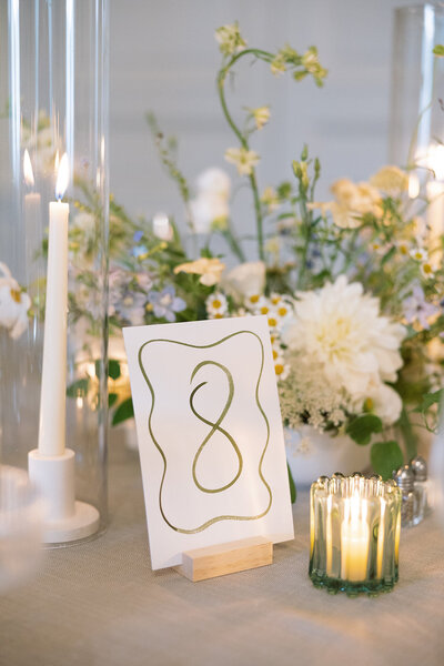 Watercolor table number with wavy border  for Glen Manor House wedding in Rhode Island